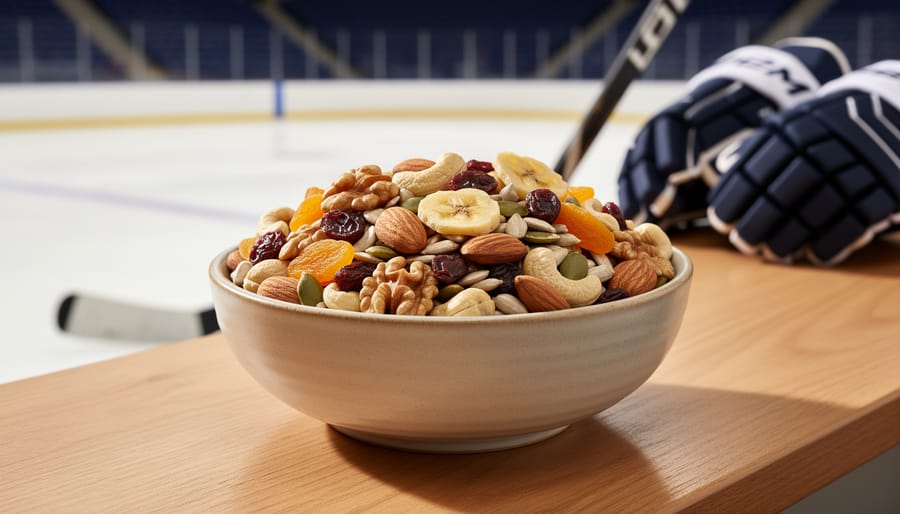 Trail mix of nuts, seeds, and dried fruit in a bowl with hockey equipment nearby