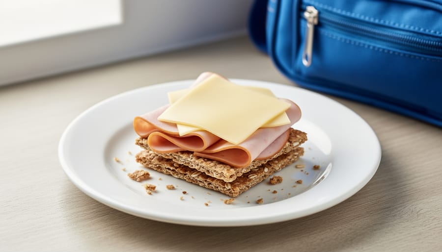 Whole grain crackers with cheese and turkey slices on a tray