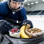 Young hockey player packing healthy snack containers and fruit into a hockey bag at rinkside with the ice surface blurred in the background.