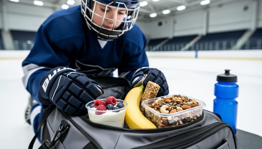 Young hockey player packing healthy snack containers and fruit into a hockey bag at rinkside with the ice surface blurred in the background.