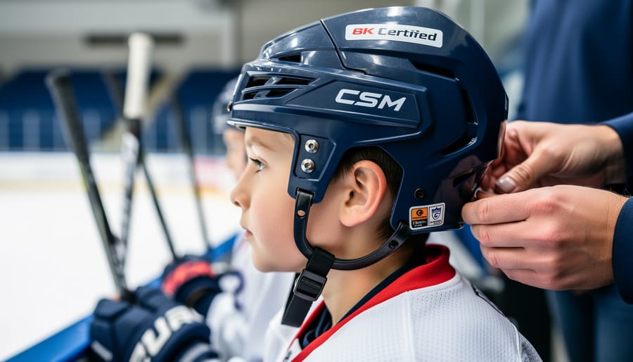 Close-up of a youth hockey helmet being adjusted by a parent or coach in an indoor arena setting.