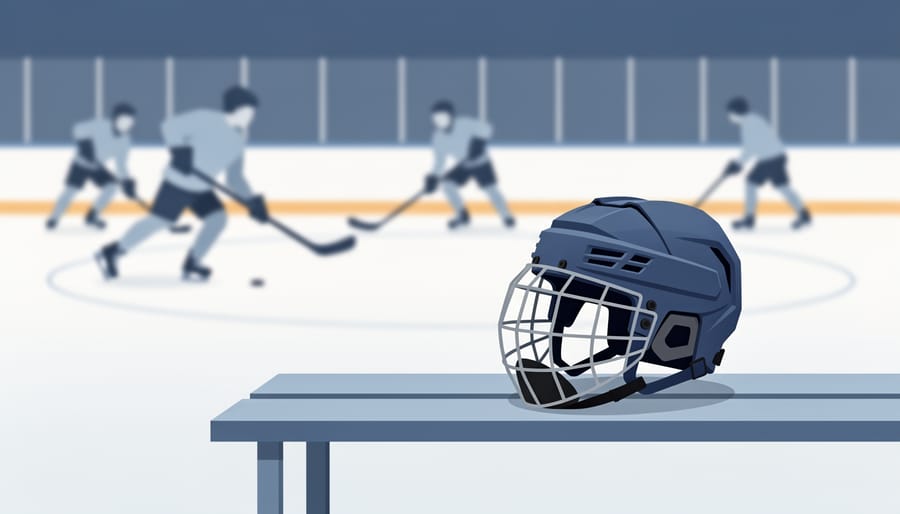 Youth hockey helmet resting on a rink bench with blurred rink activity in the background at dusk.
