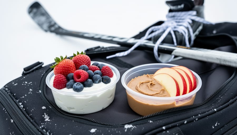 Close-up of Greek yogurt with berries and nut butter with sliced apples packed beside a hockey gear bag with skate and stick equipment in the background.
