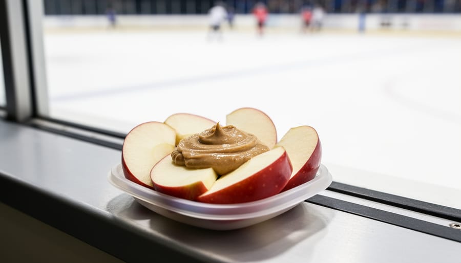 Hands preparing apple slices with nut butter outside a hockey rink.