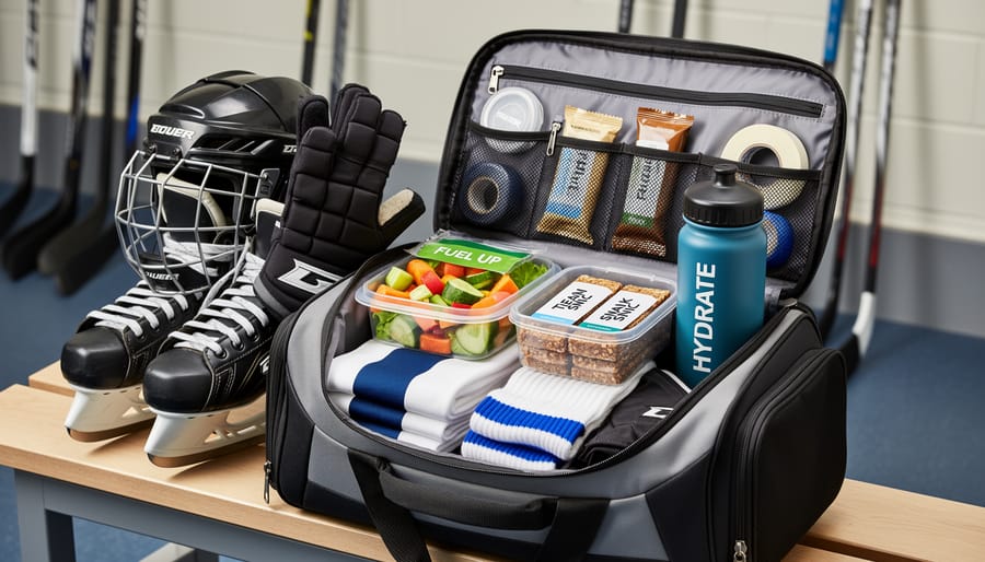 Hockey gear bag open with organized healthy snacks including Greek yogurt with berries and apple items.